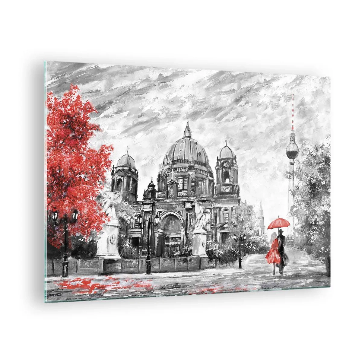 Glastavla - Bild på glas - Berlinkatedralen med röd accent i monokromatiska toner - 70x50cm - Ett möte i Berlin - Modern väggdekoration för vardagsrum och sovrum ARTTOR