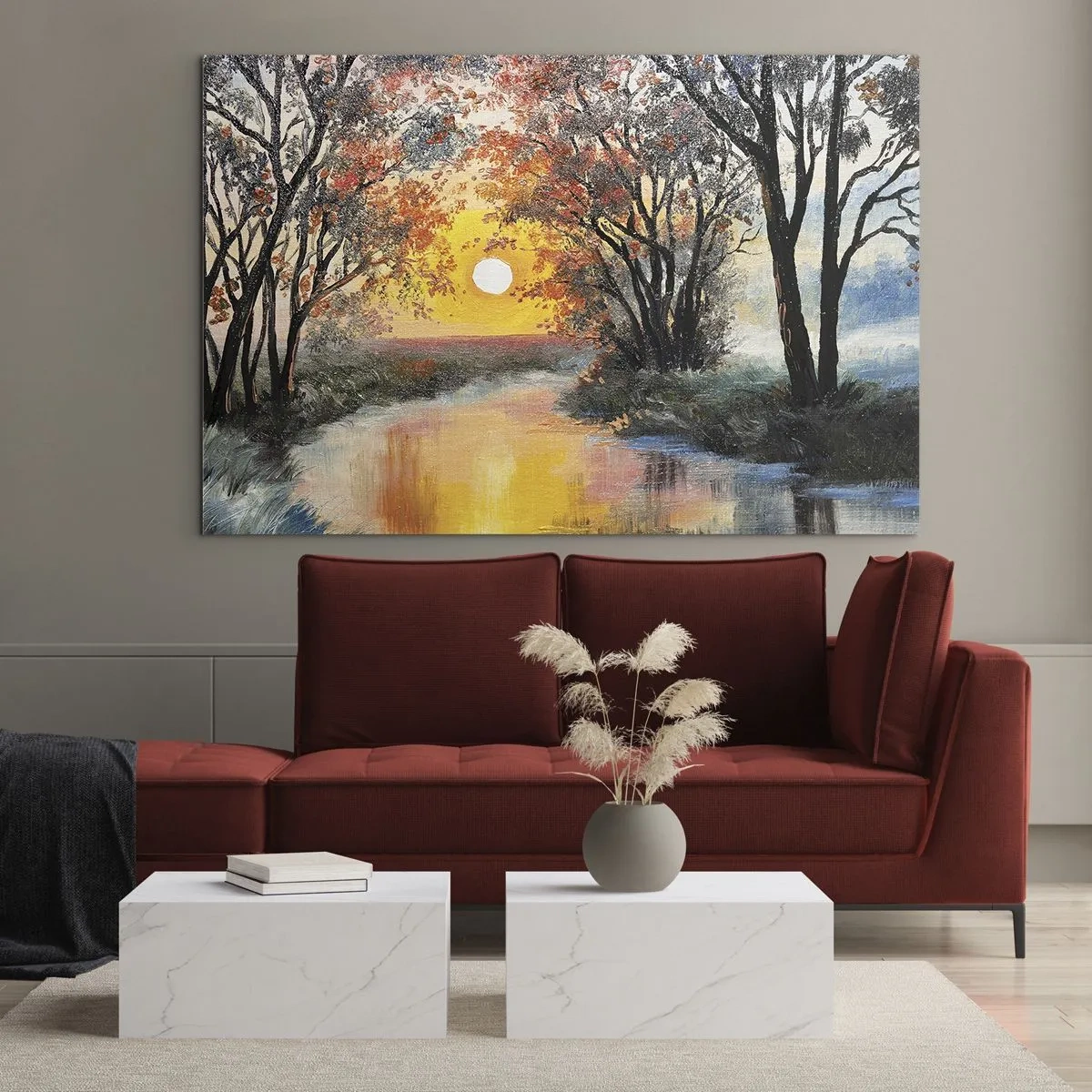 Glastavla - Bild på glas - Solnedgång över floden bland träden - 70x50cm - Höststämning - Modern väggdekoration för vardagsrum och sovrum ARTTOR