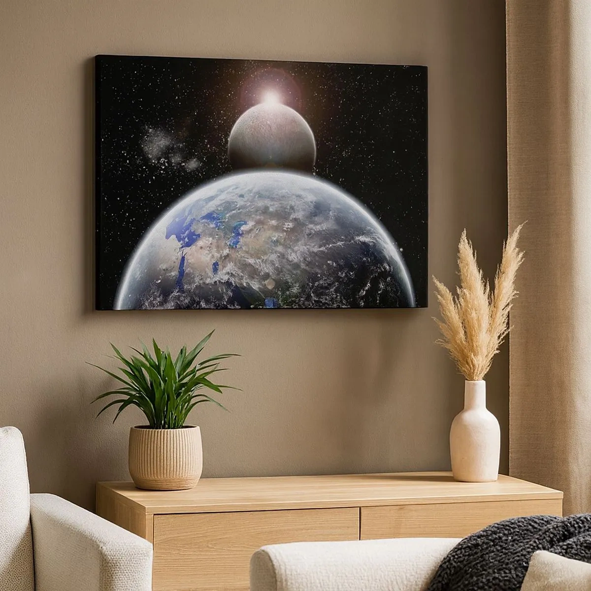 Canvastavla - Bild på duk - Planeten jorden och månen mot bakgrund av stjärnklara yttre rymden. - 70x50cm - Rymdlandskap - soluppgång - Modern väggdekoration för vardagsrum och sovrum ARTTOR