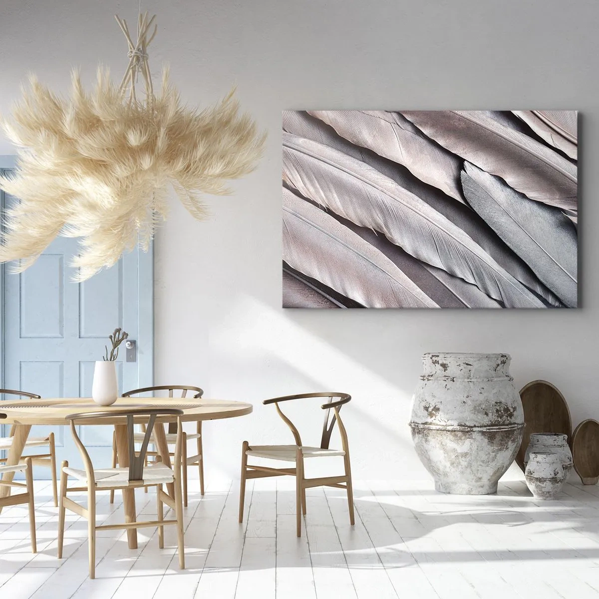 Canvastavla - Bild på duk - Fina fjädrar i diskreta nyanser av grått och beige - 70x50cm - I rosa silver - Modern väggdekoration för vardagsrum och sovrum ARTTOR
