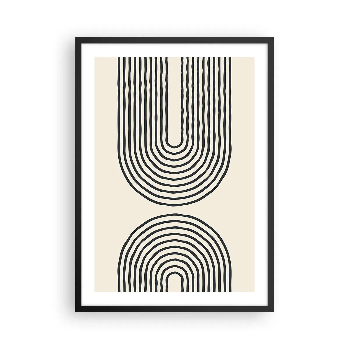 Affisch i svart ram - Ett abstrakt mönster med linjer som bildar symmetriska bågar i minimalistisk stil. - 50x70cm - Om en stund... - Modern väggdekoration för vardagsrum och sovrum ARTTOR