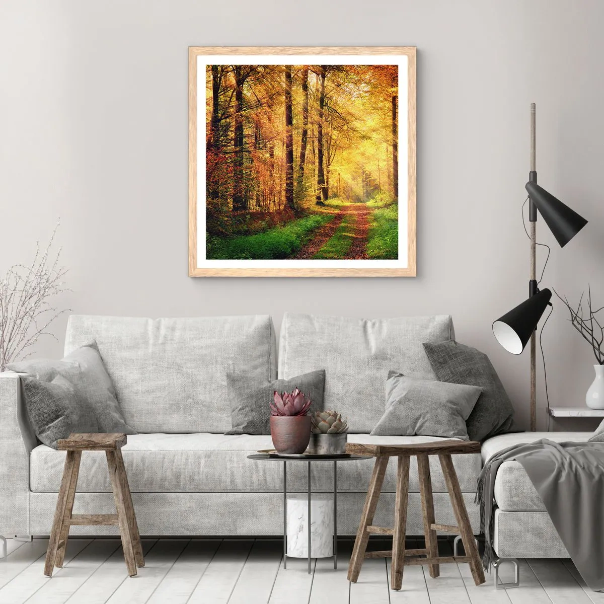 Affisch i ram av ljusek - Skogsguld tystnad - 40x40 cm