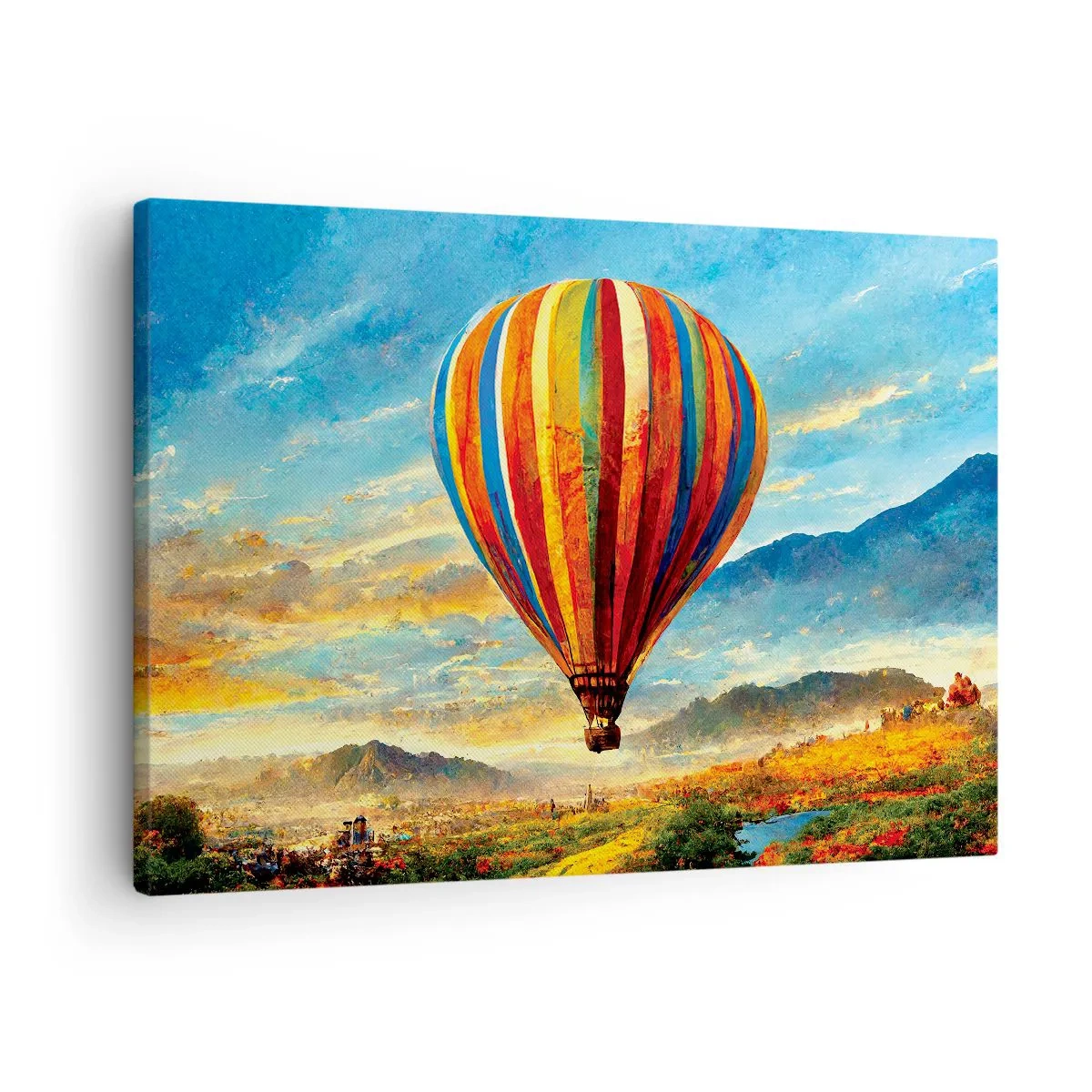 Canvastavla - Bild på duk - En färgglad ballong över ett pittoreskt landskap - 70x50cm - I tystnad ser man mer - Modern väggdekoration för vardagsrum och sovrum ARTTOR