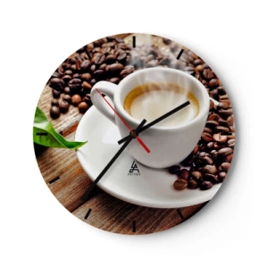 Väggklocka - Klocka på glas - En kopp kaffe med bönor på en träbakgrund - 30x30cm - Kaffe på bordet - Modern väggdekoration för vardagsrum, kök och sovrum ARTTOR