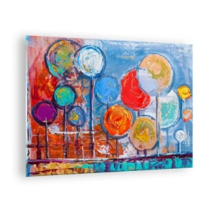 Glastavla - Bild på glas - Färgglada, abstrakta träd målade mot himlen - 70x50cm - Slickepinnar - Modern väggdekoration för vardagsrum och sovrum ARTTOR