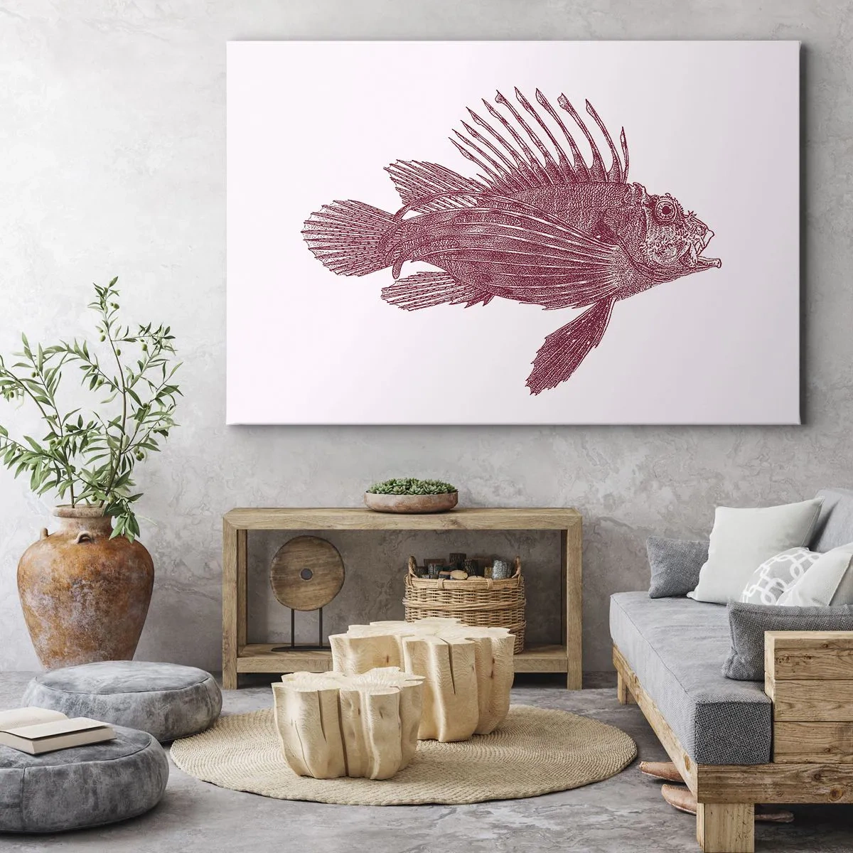 Canvastavla - Bild på duk - Ritning av en fisk i en röd nyans - 70x50cm - En invånare i exotiska vatten - Modern väggdekoration för vardagsrum och sovrum ARTTOR