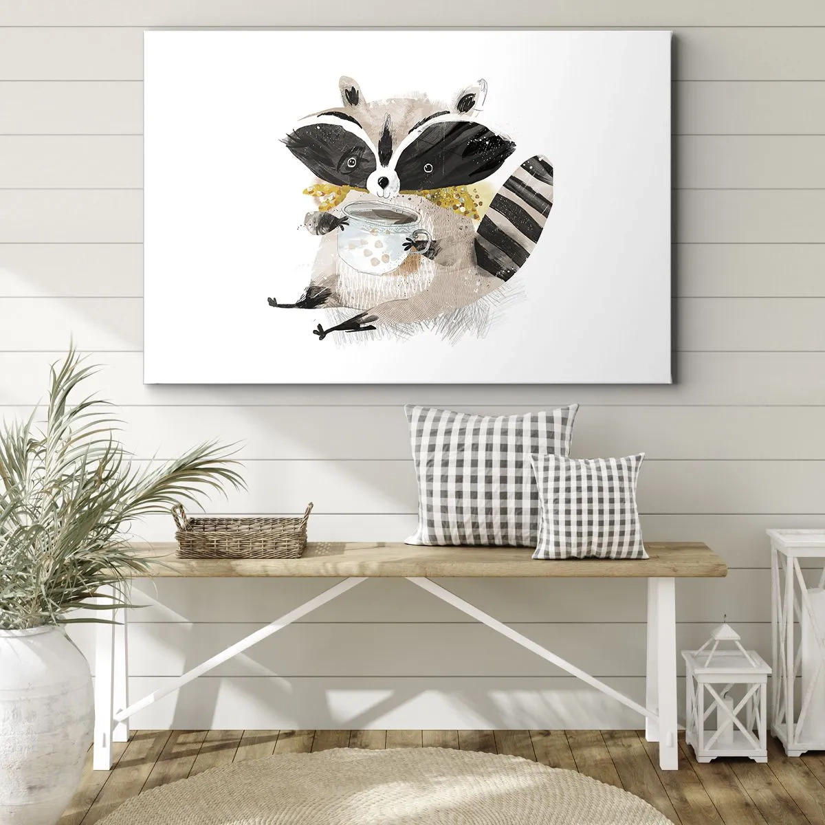 Canvastavla - Bild på duk - Bedårande tvättbjörn som håller en pastellfärgad mugg - 70x50cm - Min vän tvättbjörn - Modern väggdekoration för vardagsrum och sovrum ARTTOR