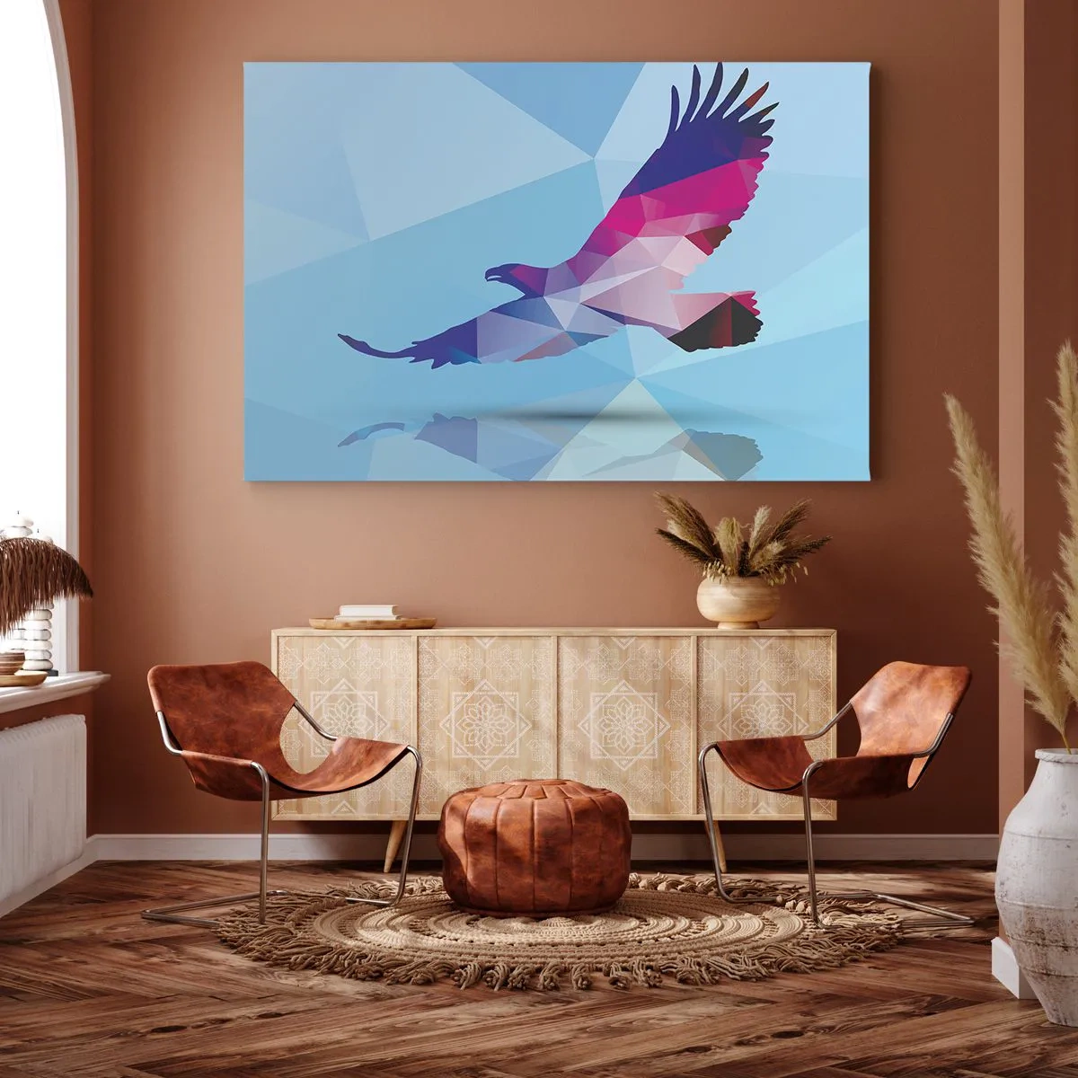 Canvastavla - Bild på duk - Geometrisk silhuett av en örn i flykt mot en blå bakgrund - 70x50cm - Örn i lila kristall - Modern väggdekoration för vardagsrum och sovrum ARTTOR