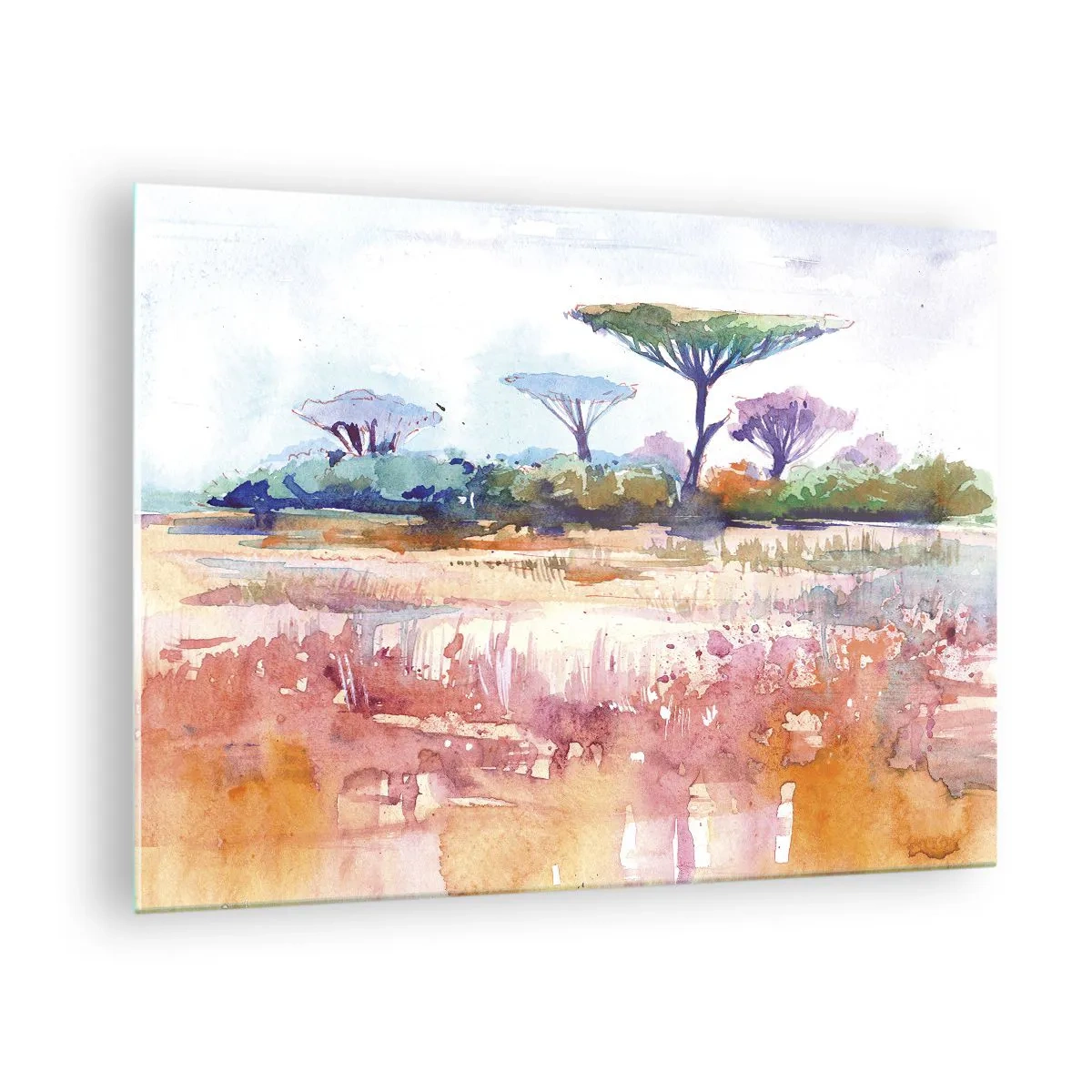 Glastavla - Bild på glas - Akvarell savannlandskap med träd och vegetation - 70x50cm - Savannens färg - Modern väggdekoration för vardagsrum och sovrum ARTTOR