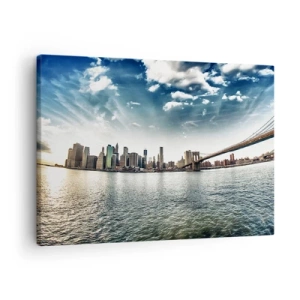 Canvastavla - Bild på duk - Panorama över staden med en bro mot den blå himlen - 70x50cm - Glasö - Modern väggdekoration för vardagsrum och sovrum ARTTOR