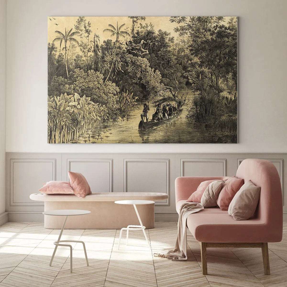 Glastavla - Bild på glas - Retrotryck som visar en resa genom djungeln - 70x50cm - Resa till källan - Modern väggdekoration för vardagsrum och sovrum ARTTOR