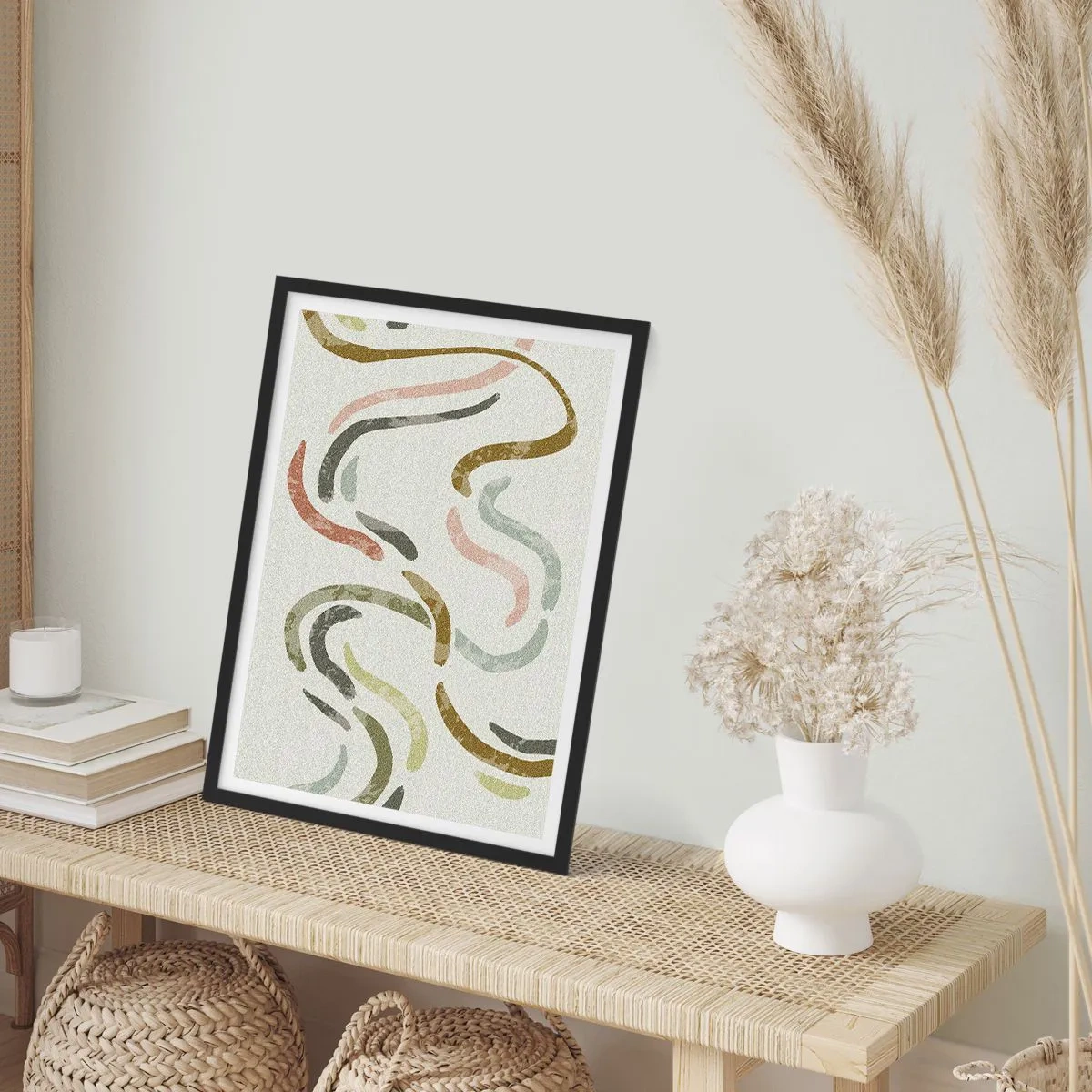 Affisch i svart ram - Abstrakta vågiga linjer i naturliga nyanser - 50x70cm - Abstraktionens glada dans - Modern väggdekoration för vardagsrum och sovrum ARTTOR