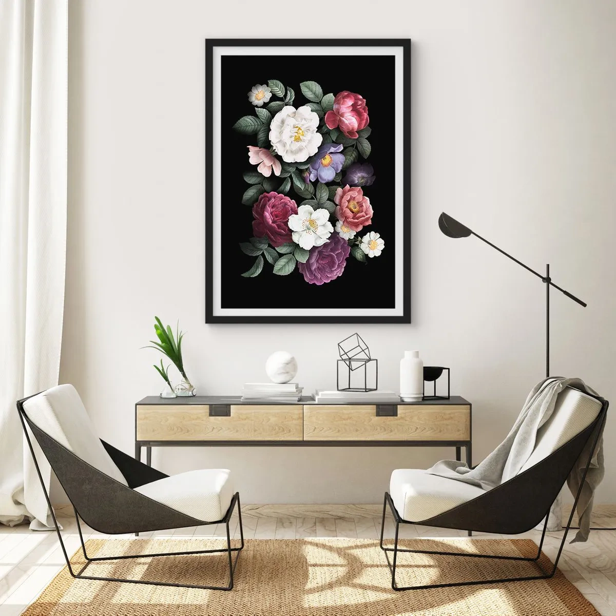 Affisch i svart ram - En blombukett på svart bakgrund i vintagestil - 50x70cm - Från en engelsk trädgård - Modern väggdekoration för vardagsrum och sovrum ARTTOR
