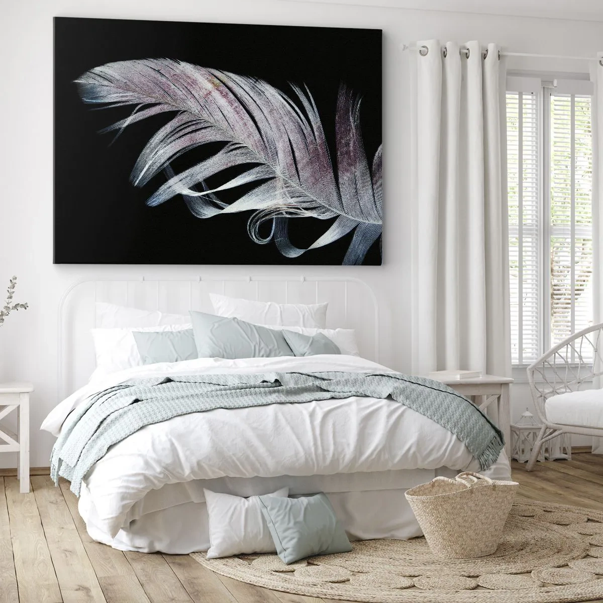 Canvastavla - Bild på duk - En delikat fjäder på svart bakgrund i ett konstnärligt tillvägagångssätt - 70x50cm - Tänk på smekning - Modern väggdekoration för vardagsrum och sovrum ARTTOR