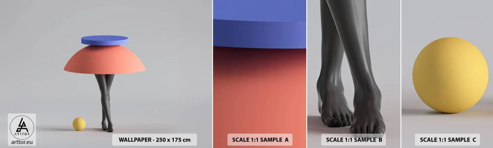 Provbit av självhäftande fototapet Deluxe Sticker - Surrealistisk komposition - 3D, Ben, Former - 100x30 cm