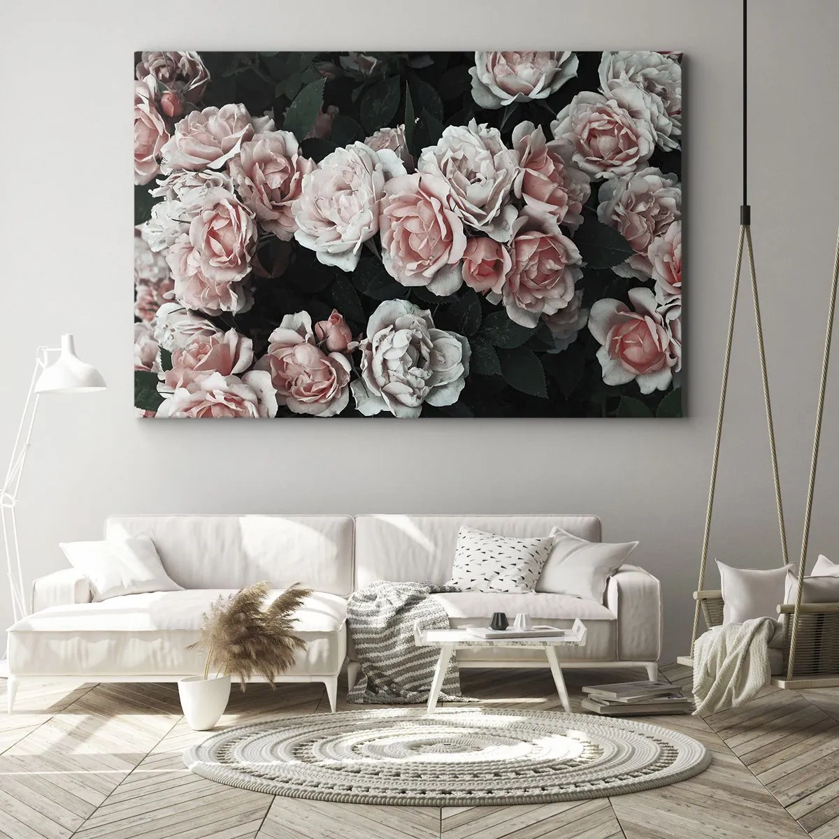 Canvastavla - Bild på duk - Rosa rosor på en mörk bakgrund i en subtil komposition - 70x50cm - Rosansamble - Modern väggdekoration för vardagsrum och sovrum ARTTOR