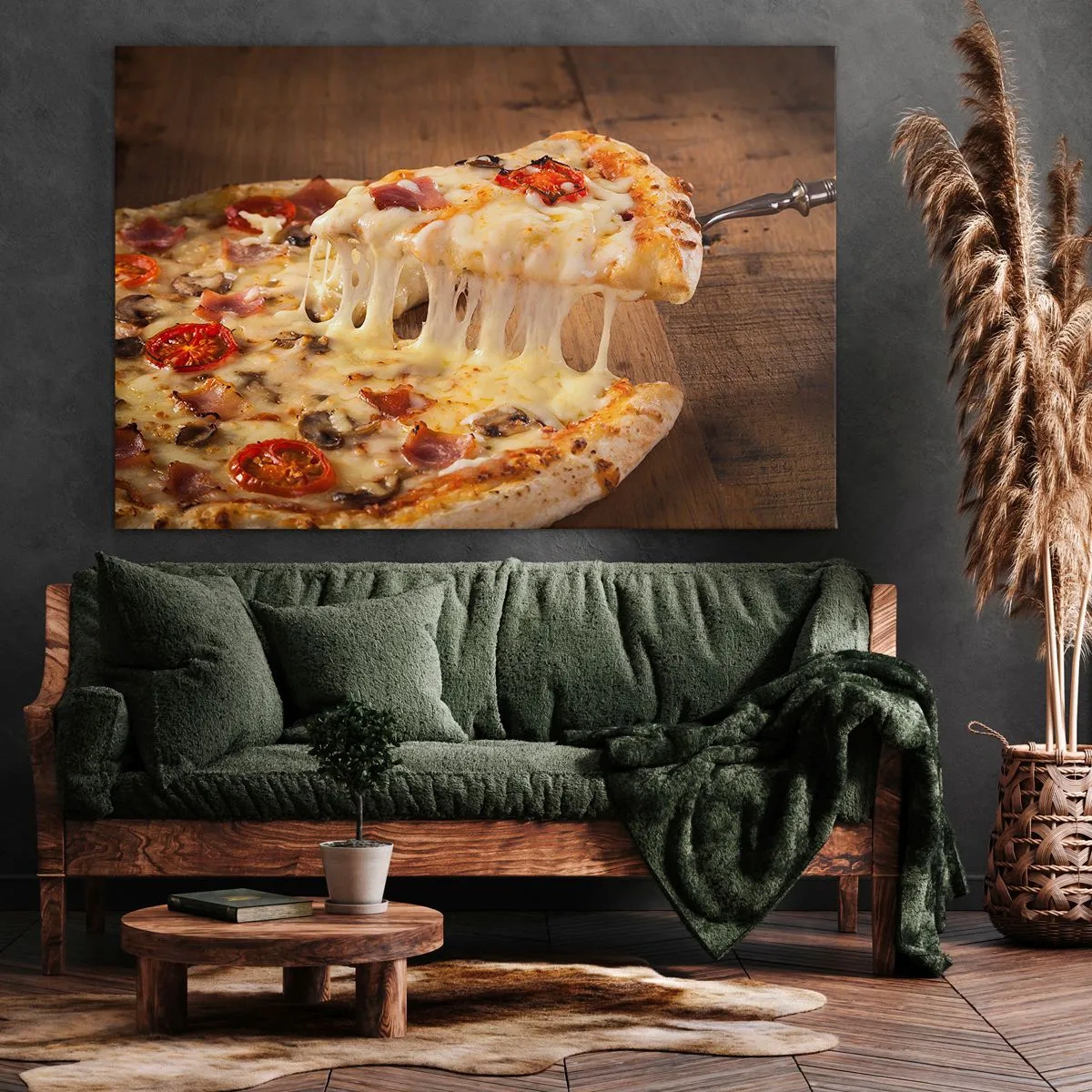 Canvastavla - Bild på duk - Pizza med trådig ost - 70x50cm - Italienska konstens mästerverk - Modern väggdekoration för vardagsrum och sovrum ARTTOR