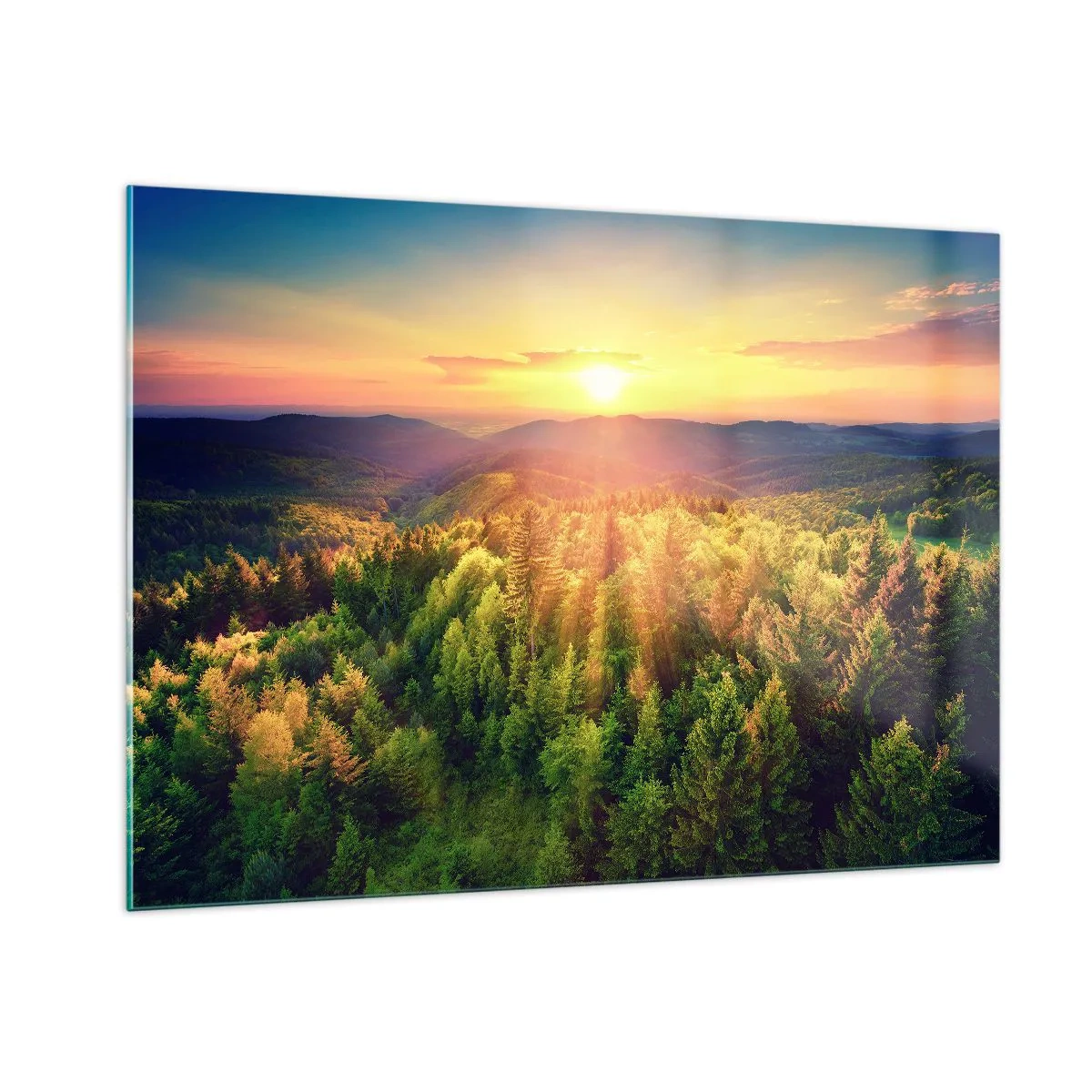 Glastavla - Bild på glas - Trädtoppar och bergstoppar - 100x70 cm