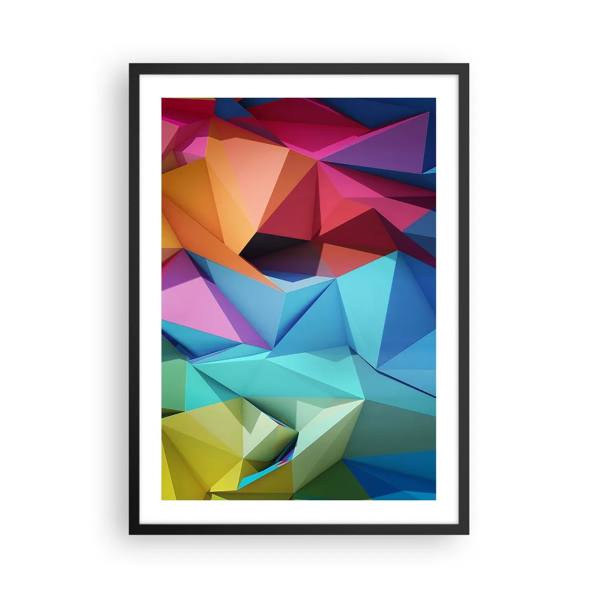 Affisch i svart ram - Färgglad geometrisk abstraktion med trianglar - 50x70cm - Regnbågsorigami - Modern väggdekoration för vardagsrum och sovrum ARTTOR