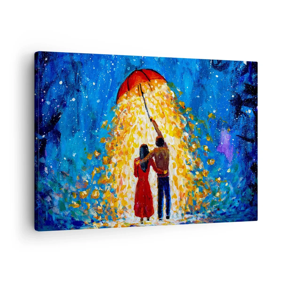 Canvastavla - Bild på duk - Ett par under ett rött paraply i det lysande regnet - 70x50cm - Magi på en regnig kväll? - Modern väggdekoration för vardagsrum och sovrum ARTTOR