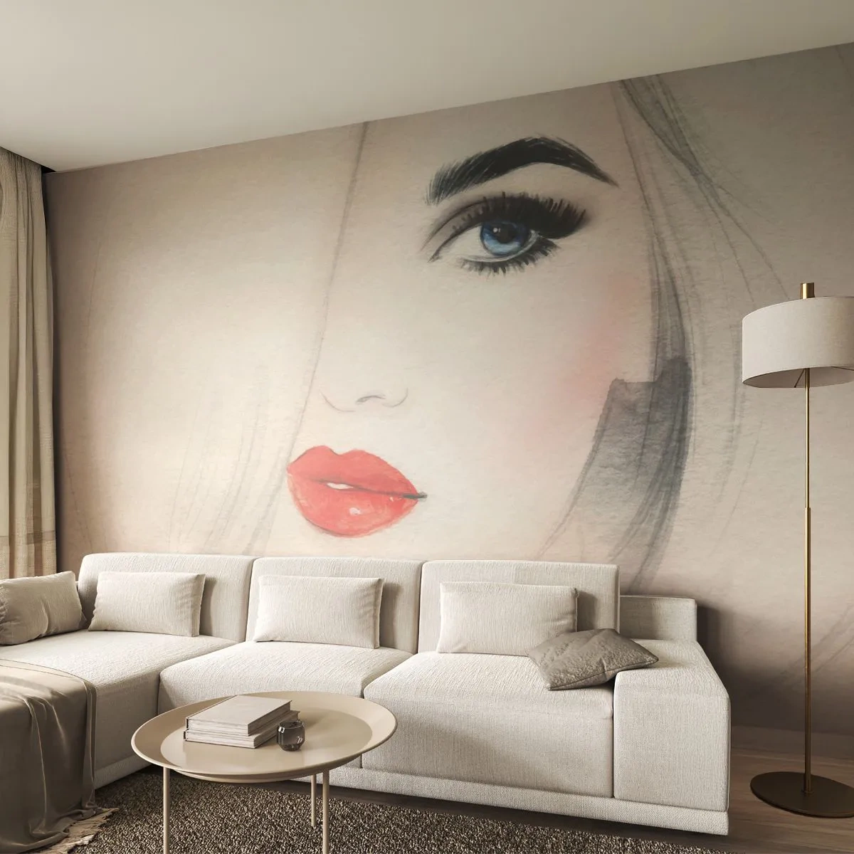 Självhäftande Fototapet Deluxe Sticker - Hypnotiserar och bedårar - Porträtt av en kvinna, Kvinnans ansikte, röda läppar - 250x175 cm