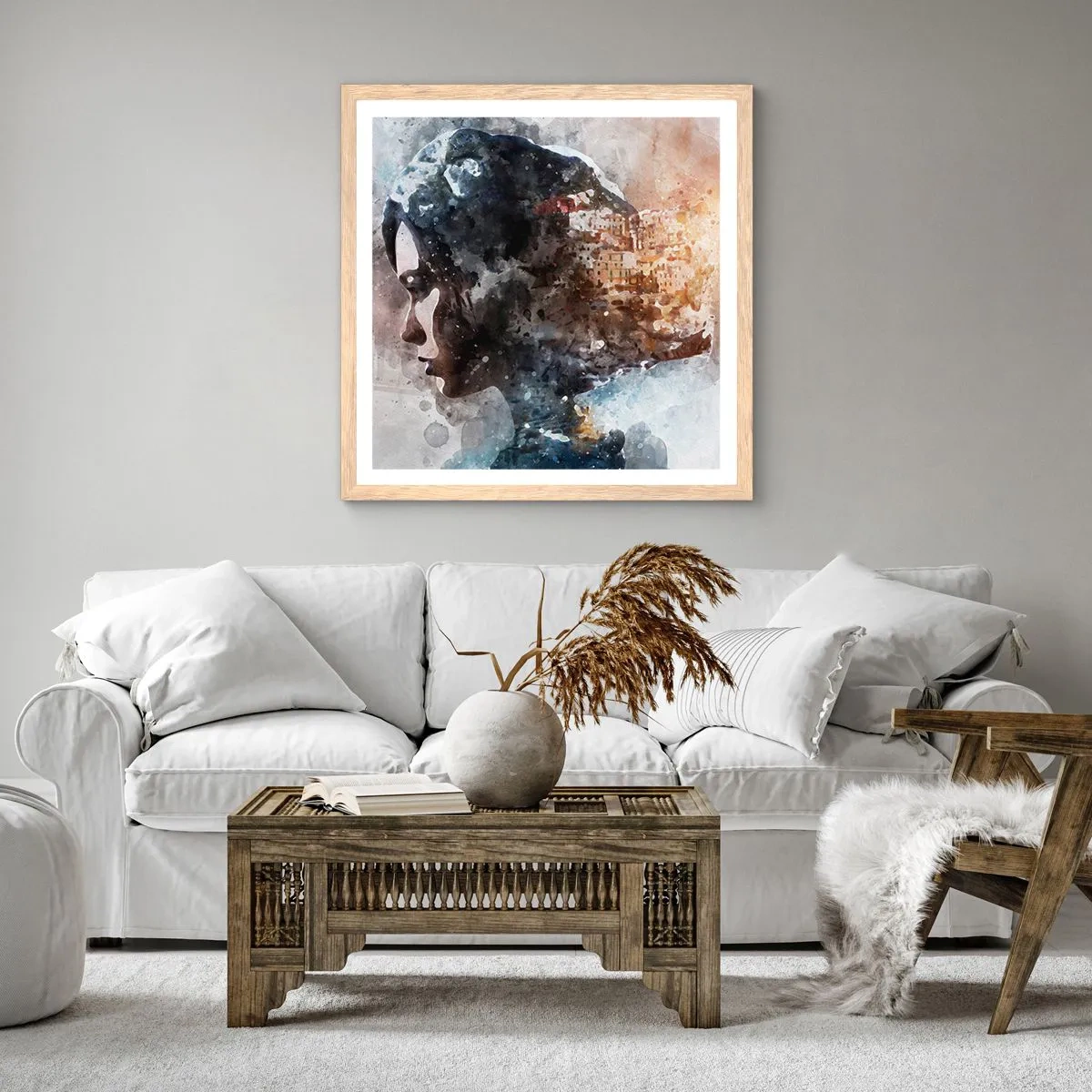 Affisch i ram av ljusek - Berättelse om en tjej med en stad i bakgrunden - 40x40 cm