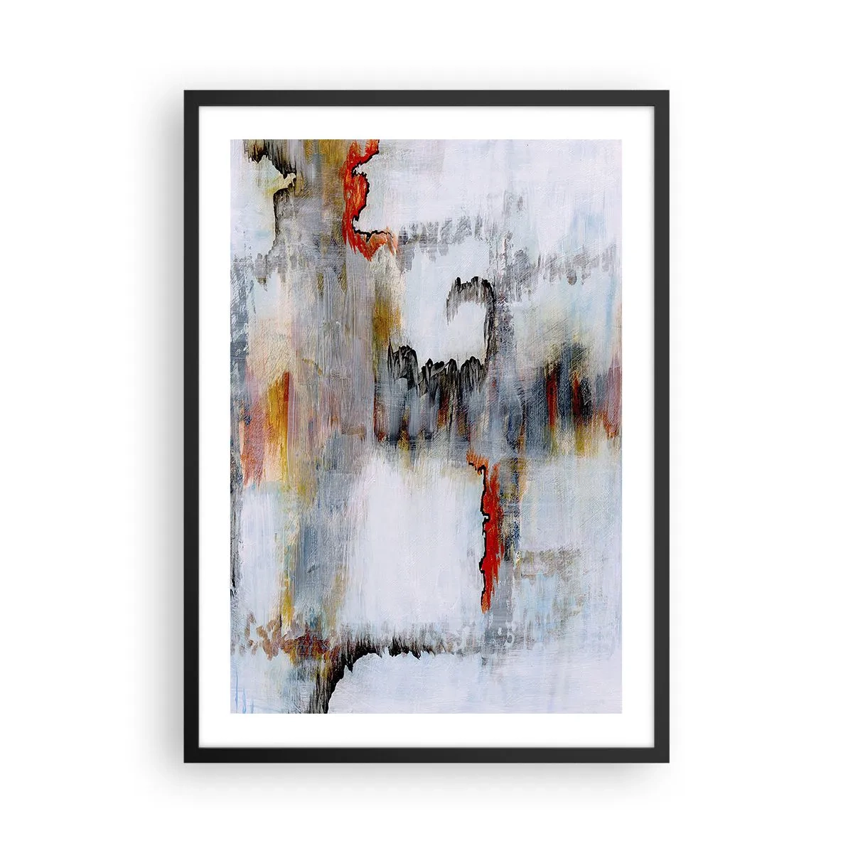 Affisch i svart ram - En abstrakt komposition med nyanser av grått och röda accenter. - 50x70cm - Med pinne på vatten - Modern väggdekoration för vardagsrum och sovrum ARTTOR