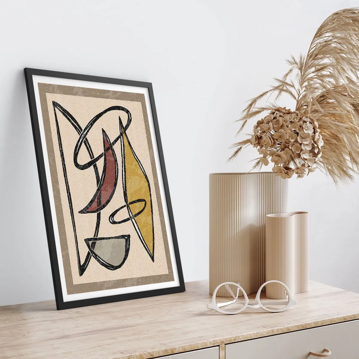 Affisch i svart ram - Geometrisk abstraktion i nyanser av beige och brunt - 50x70cm - Vertikaler och nivåer - Modern väggdekoration för vardagsrum och sovrum ARTTOR