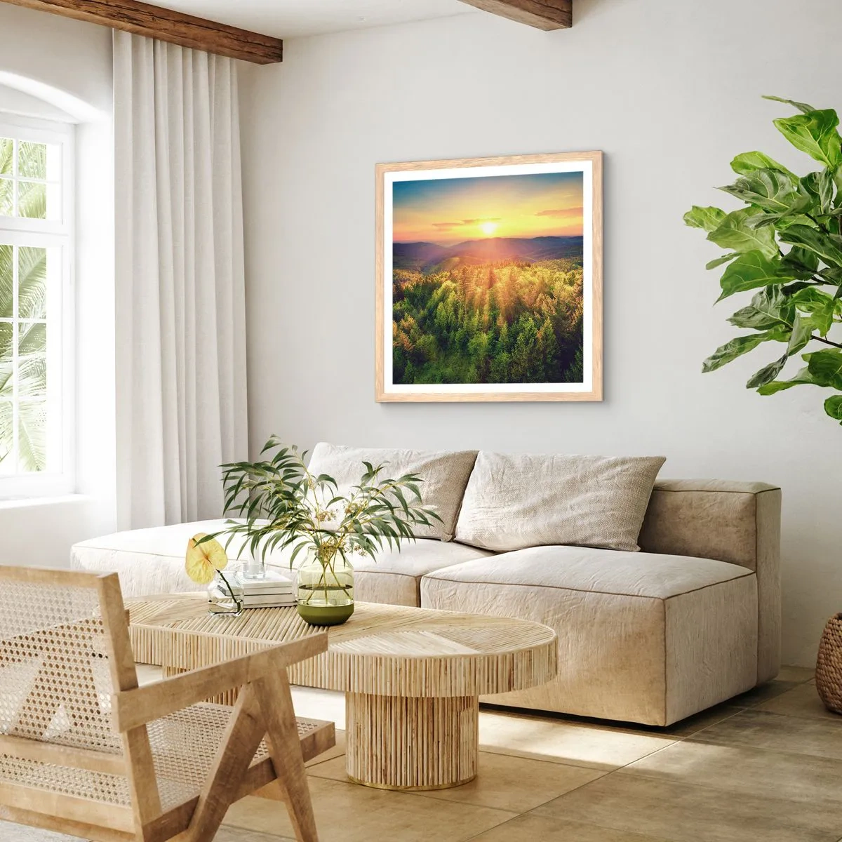 Affisch i ram av ljusek - Trädtoppar och bergstoppar - 60x60 cm