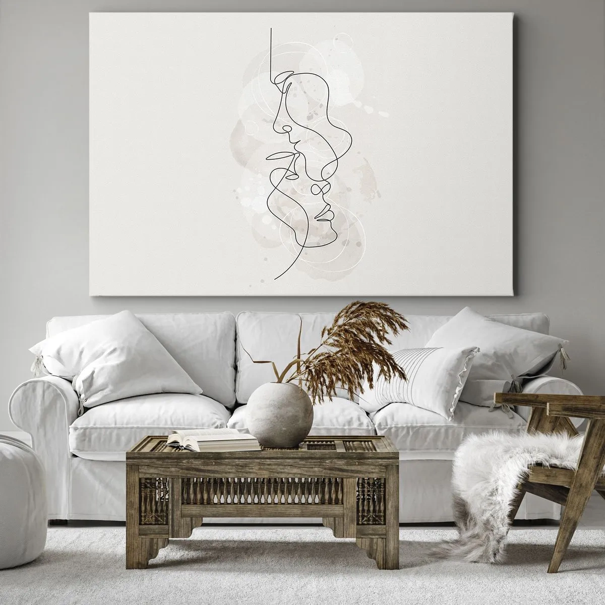 Canvastavla - Bild på duk - Abstrakt kontur av två ansikten mot en ljus bakgrund - 70x50cm - Tilltrasslade i famn - Modern väggdekoration för vardagsrum och sovrum ARTTOR