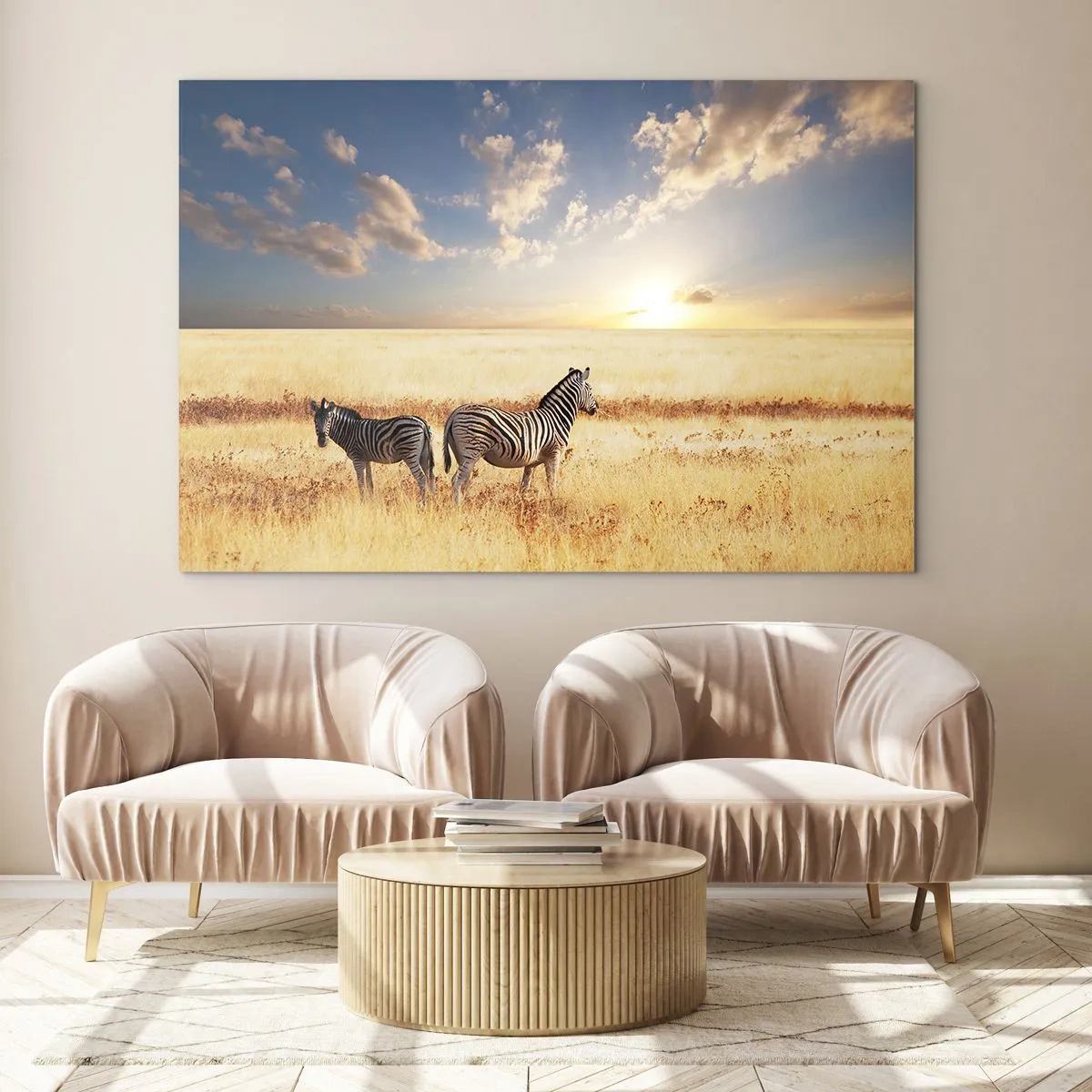 Glastavla - Bild på glas - Två zebror i savannen vid solnedgången - 70x50cm - Gå härifrån, stör inte lugnet - Modern väggdekoration för vardagsrum och sovrum ARTTOR