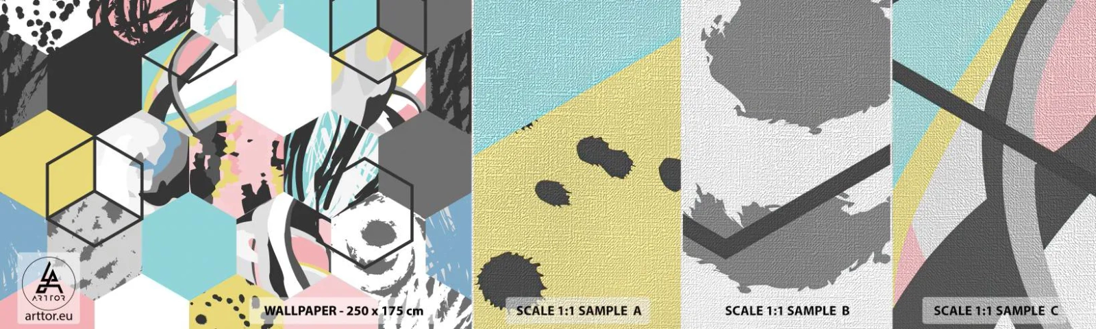 Provbit av fototapet Premium Canvas - Sexkanter och kuber i sex färger - Abstraktion, Bit, Modernt mönster - 100x30 cm