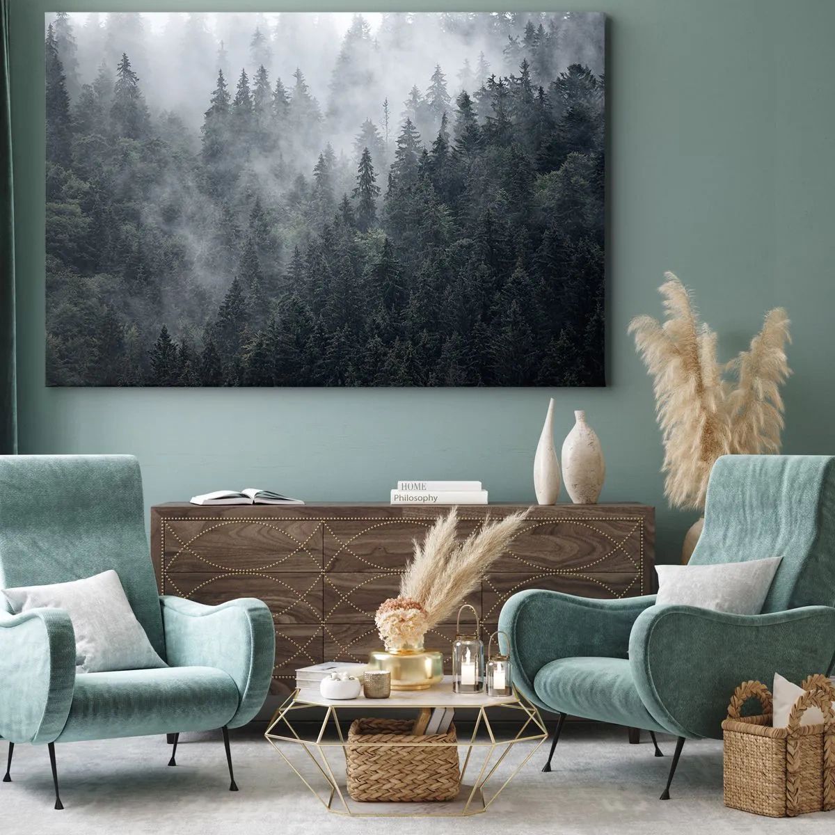 Canvastavla - Bild på duk - Gryning i skogen - 120x80 cm