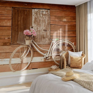 Fototapet Premium Canvas - Strax tillbaka - Cykel, Blommor, Trähus - 250x175 cm