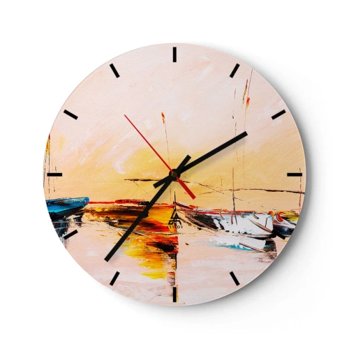 Väggklocka - Klocka på glas - Segelbåtar i en pittoresk hamn vid solnedgången - 30x30cm - En kväll i hamnen - Modern väggdekoration för vardagsrum, kök och sovrum ARTTOR