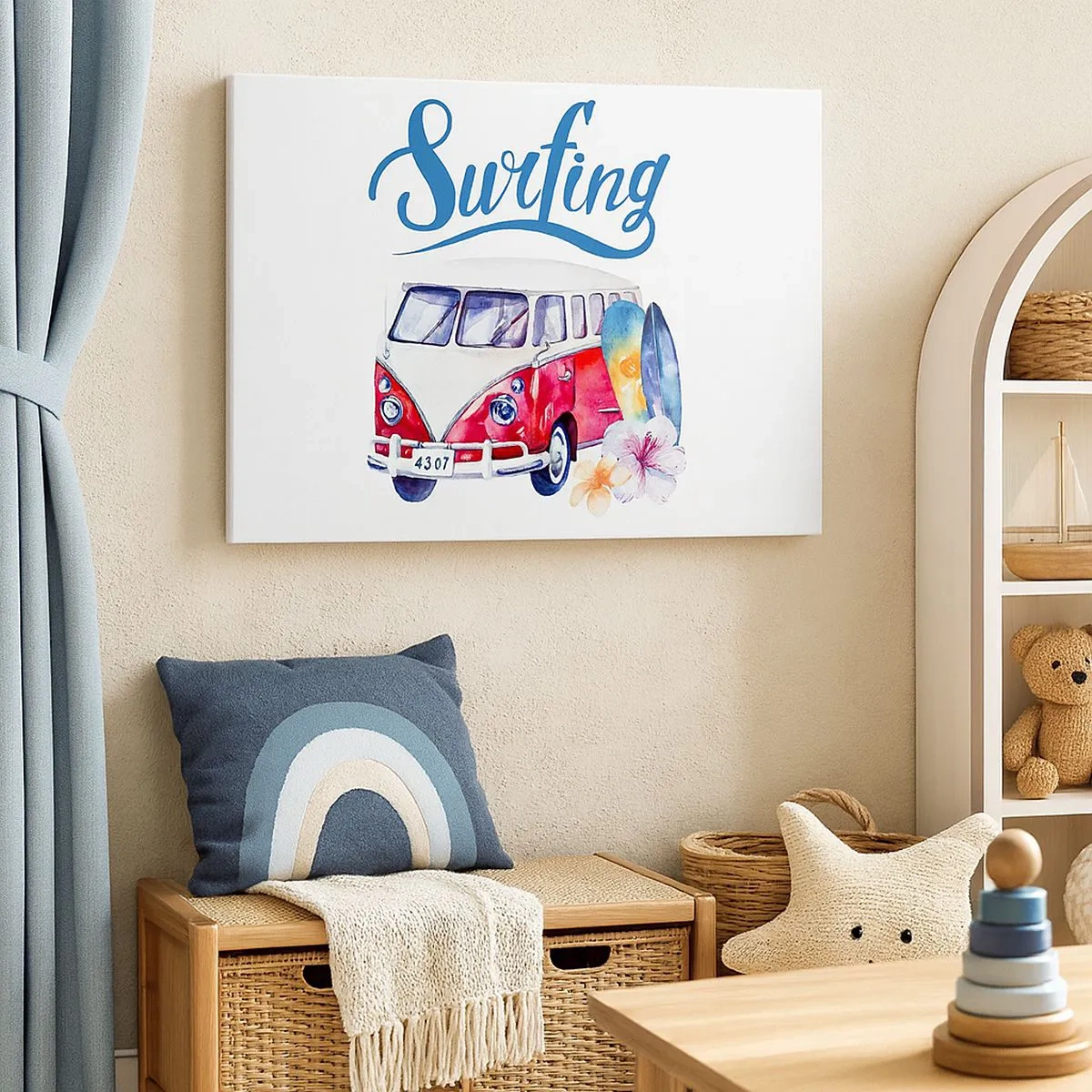 Canvastavla - Bild på duk - Färgglad grafik med ett buss- och surftema - 70x50cm - Gurka - en klassiker för surfaren - Modern väggdekoration för vardagsrum och sovrum ARTTOR