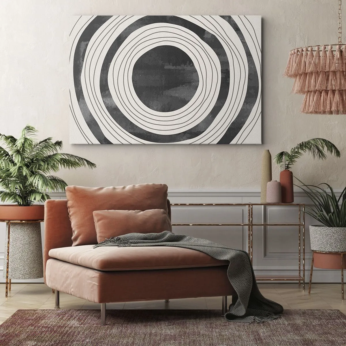 Canvastavla - Bild på duk - Svarta och vita koncentriska cirklar på en ljus bakgrund - 70x50cm - I själva kärnan - Modern väggdekoration för vardagsrum och sovrum ARTTOR