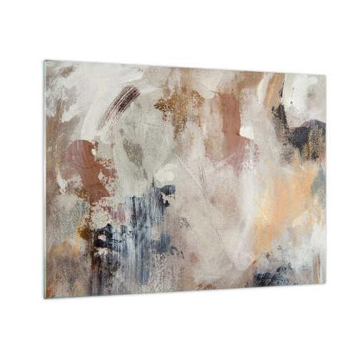 Glastavla - Bild på glas - Beige och brun abstrakt komposition i en disig stil - 70x50cm - Dimmig abstraktion - Modern väggdekoration för vardagsrum och sovrum ARTTOR