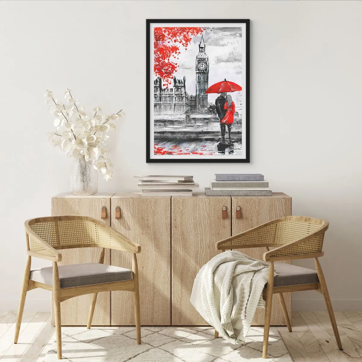 Affisch i svart ram - En figur med ett rött paraply framför Big Ben i London - 50x70cm - Förälskade i London - Modern väggdekoration för vardagsrum och sovrum ARTTOR