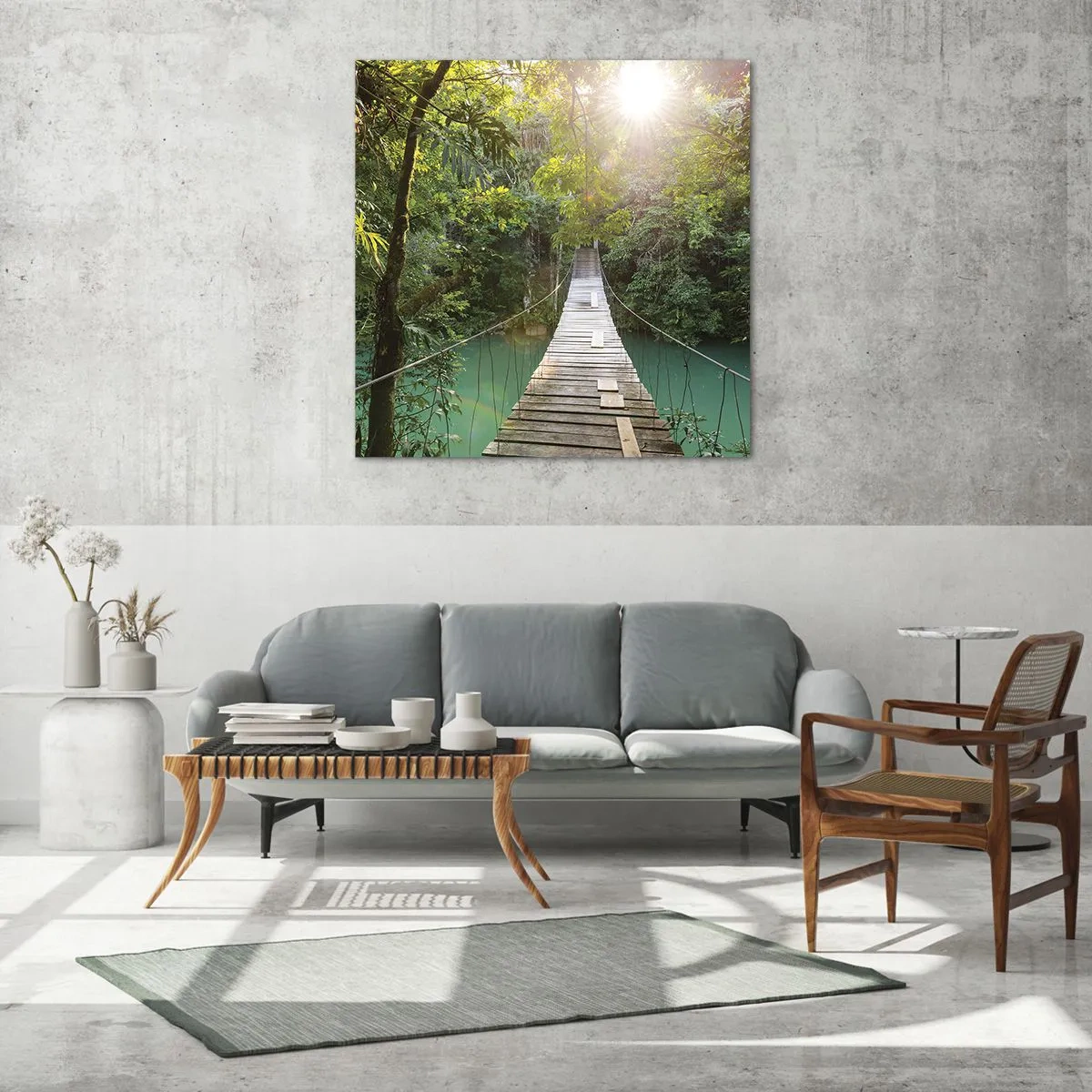 Glastavla - Bild på glas - Vid azurblått vatten till azurblå skog - 70x70 cm