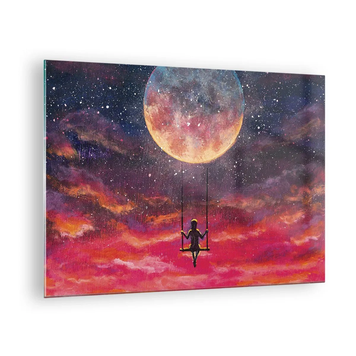 Glastavla - Bild på glas - En flicka på en gunga svävande under månen - 70x50cm - Sväva i molnen - Modern väggdekoration för vardagsrum och sovrum ARTTOR