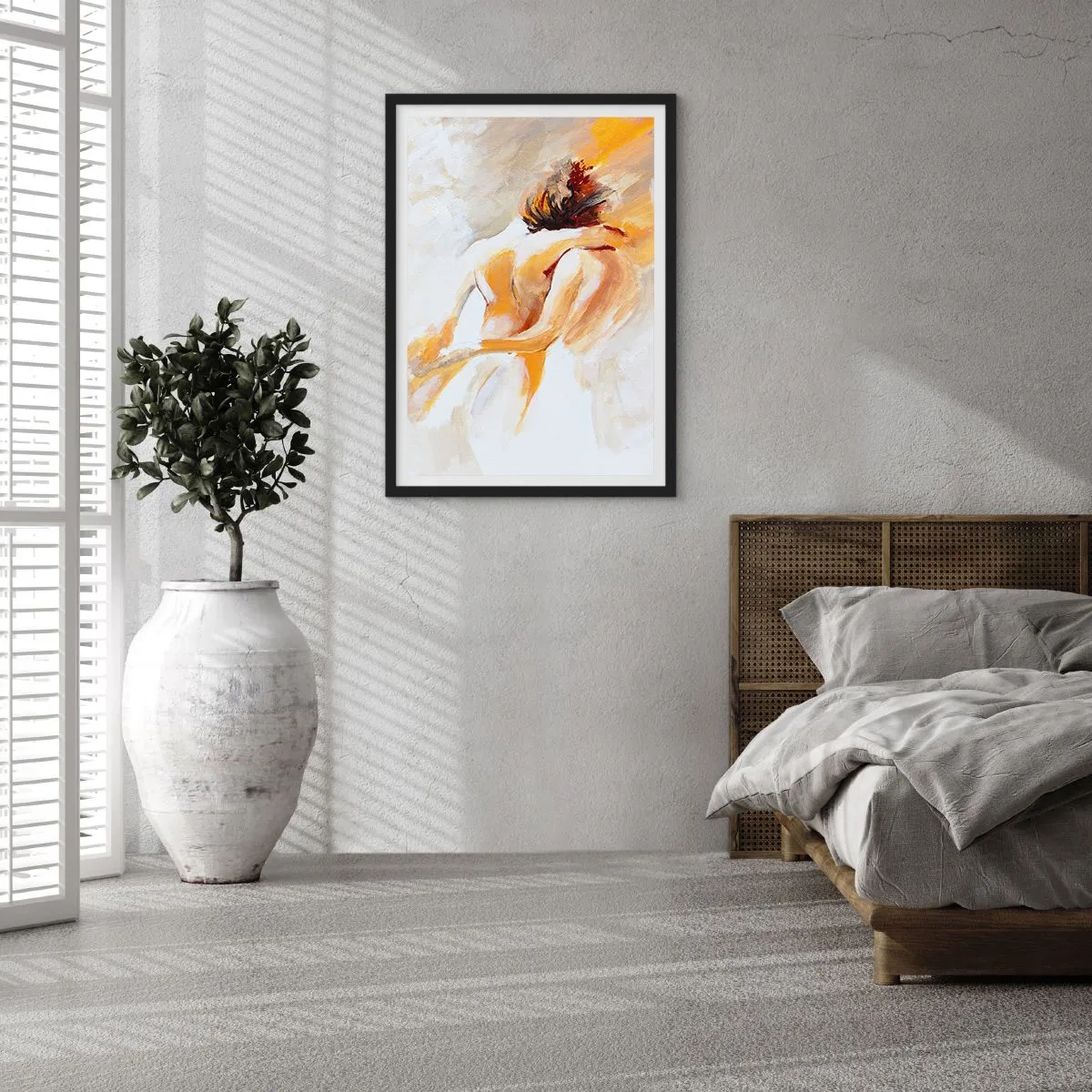 Affisch i svart ram - Abstrakt par i varma färger mot en ljus bakgrund - 50x70cm - I närhetens himmel - Modern väggdekoration för vardagsrum och sovrum ARTTOR