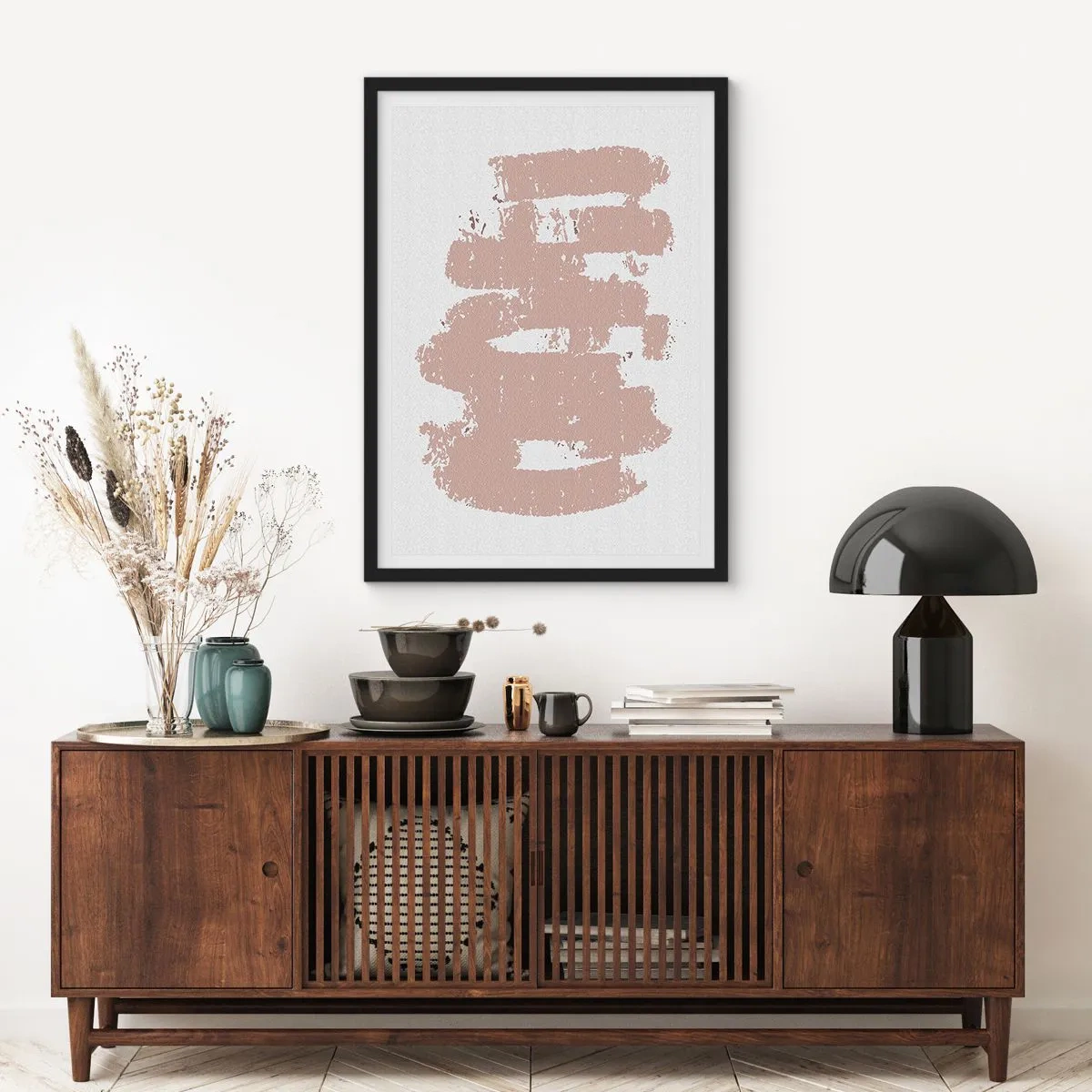 Affisch i svart ram - En minimalistisk komposition i beige nyanser - 50x70cm - Abstraktion i mjuk rosa - Modern väggdekoration för vardagsrum och sovrum ARTTOR