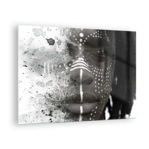 Glastavla - Bild på glas - Porträtt med etniska mönster i svartvitt med akvarelleffekt - 70x50cm - Upptäck den ursprungliga andan - Modern väggdekoration för vardagsrum och sovrum ARTTOR