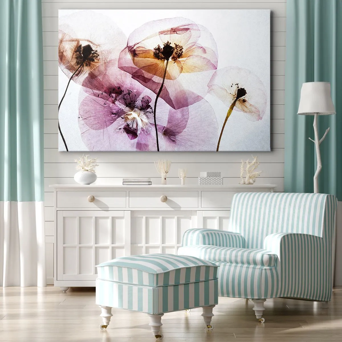 Canvastavla - Bild på duk - Fina transparenta blommor i pastellfärger - 70x50cm - Blommornas transparenta kroppar - Modern väggdekoration för vardagsrum och sovrum ARTTOR