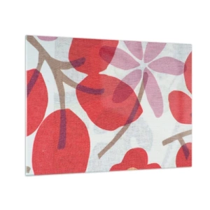 Glastavla - Bild på glas - Rosa och röda blad och blommor på en ljus bakgrund - 70x50cm - Blomsterkomposition i rosa - Modern väggdekoration för vardagsrum och sovrum ARTTOR