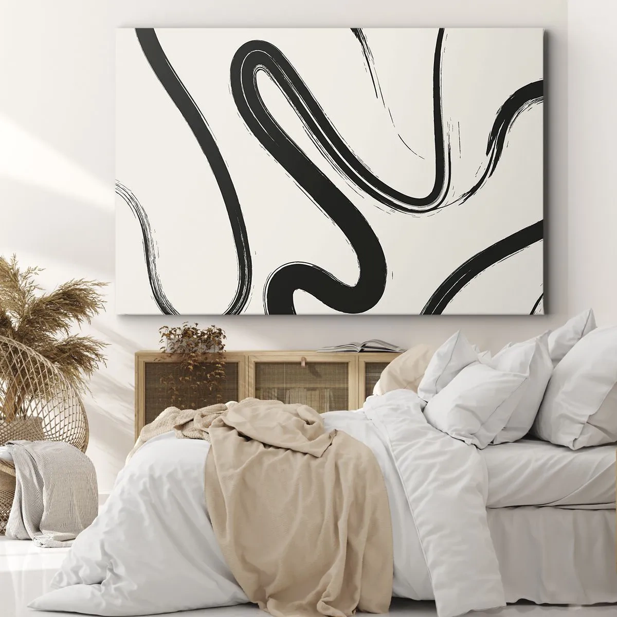 Canvastavla - Bild på duk - Svarta och vita böjda linjer på en ljus bakgrund - 70x50cm - Svart och vit elegans - Modern väggdekoration för vardagsrum och sovrum ARTTOR