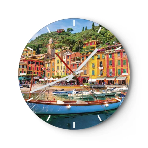 Väggklocka - Klocka på glas - Färgglada hus vid hamnen med båtar på en solig dag - 30x30cm - Italiensk förmiddag - Modern väggdekoration för vardagsrum, kök och sovrum ARTTOR