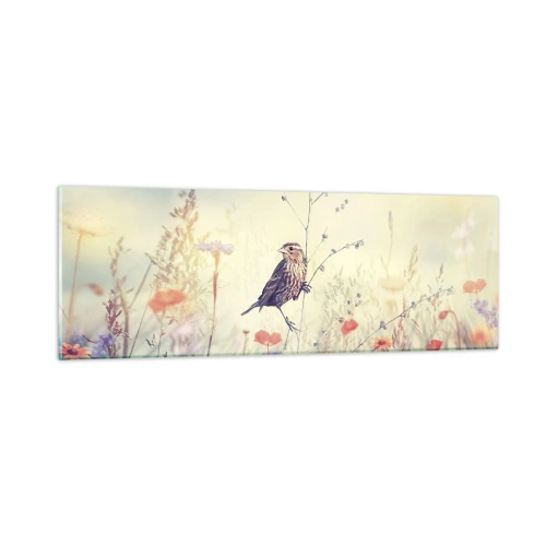 Glastavla - Bild på glas - Fågelporträtt med en äng i bakgrunden - 90x30 cm