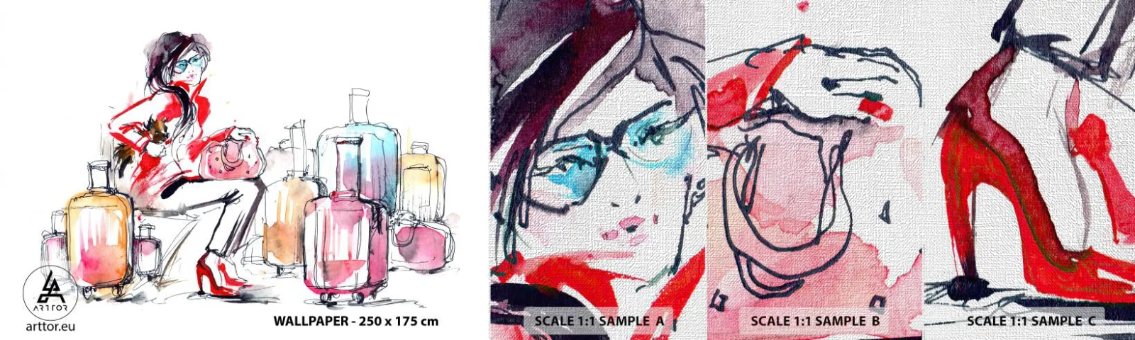 Provbit av fototapet Premium Canvas - Låt oss sätta oss inför resan - Kvinna, Resa, Resväska - 100x30 cm